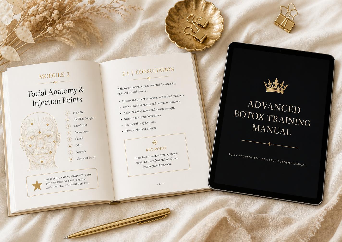 Editable training manual laid open beside a tablet showing the digital version